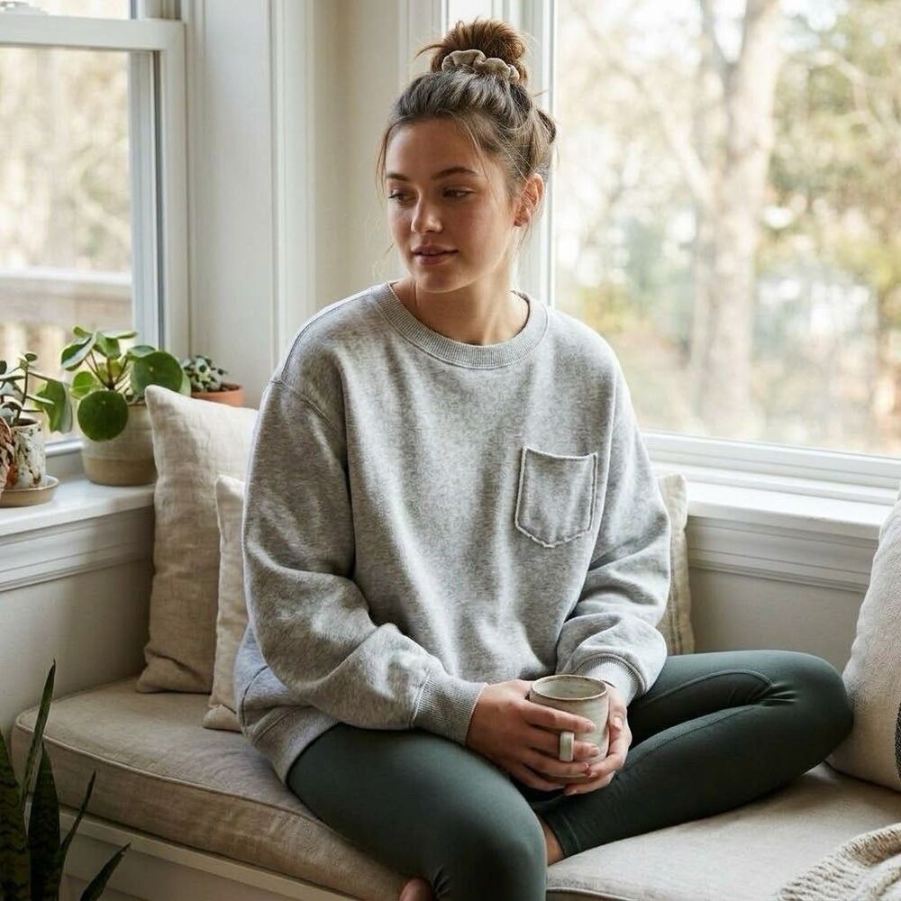 Aerie Heather Grey Oversized Slouchy Crewneck Sweatshirt Raw Hem Chest Pocket XS